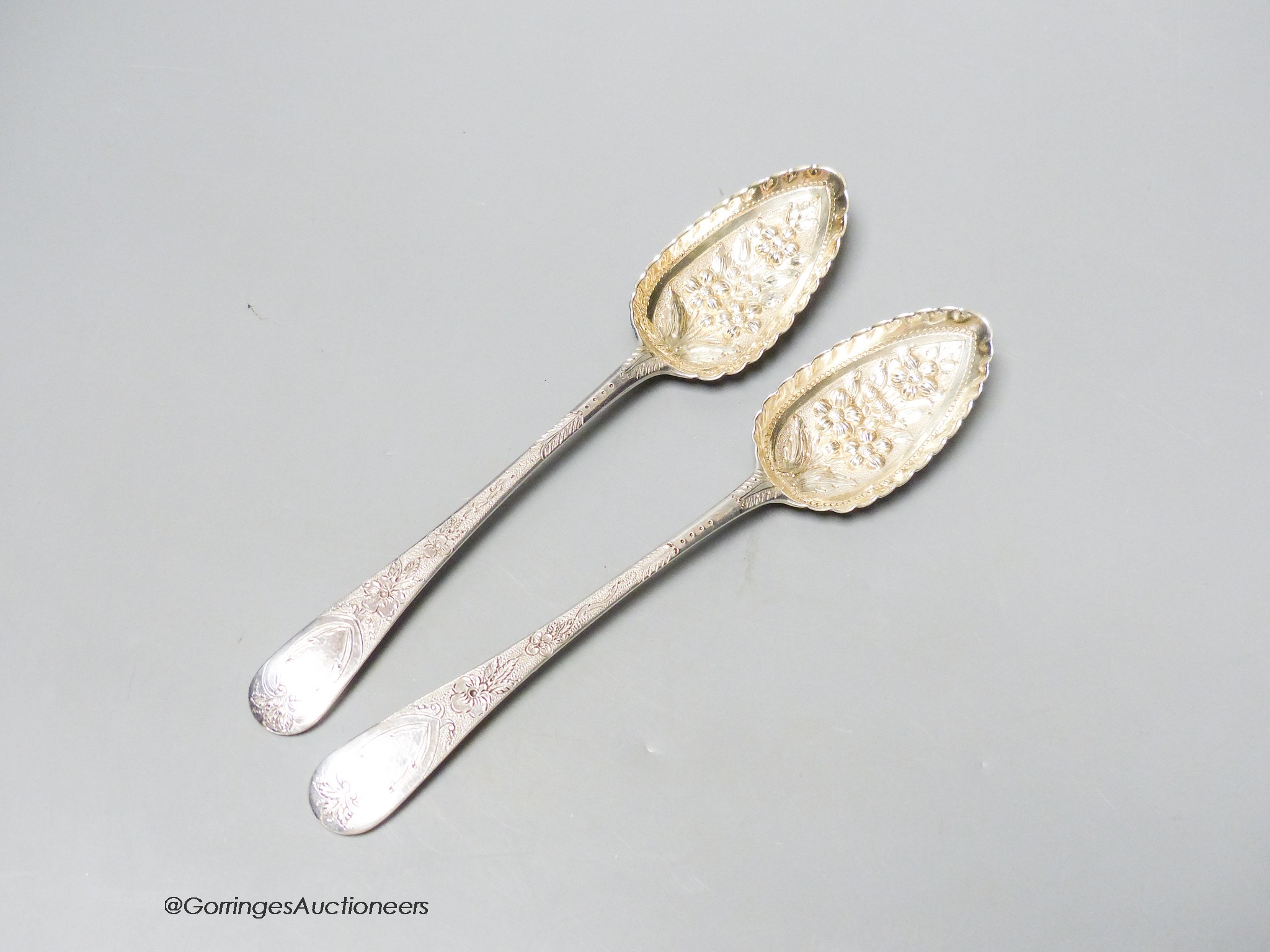 A pair of George III silver Old English pattern 'berry' spoons, Smith & Fearn, London, 1790, 22cm, 4oz.